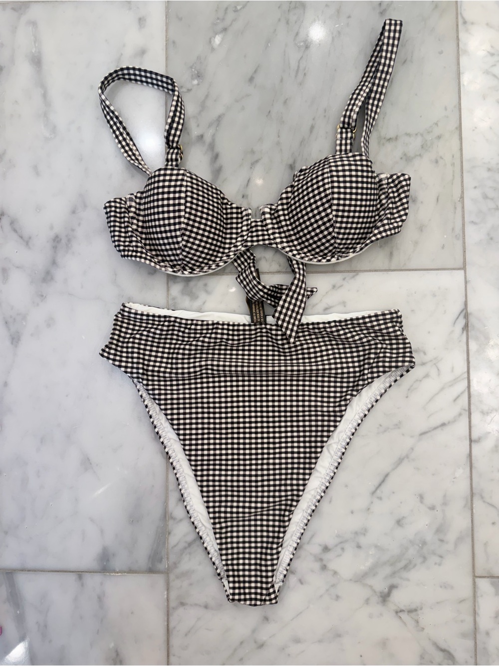 Vix Black & White Gingham Tie-Front Bikini Set top small bottom med